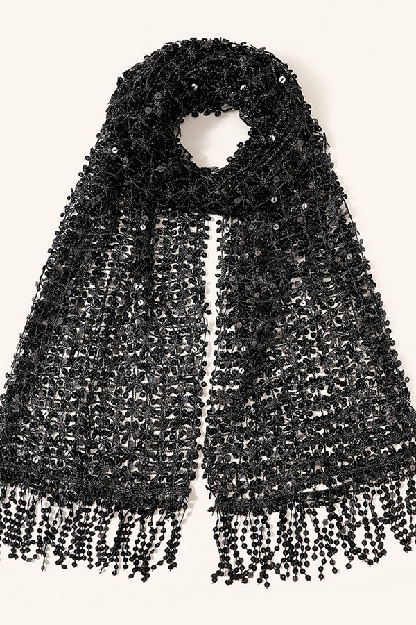Stylish Sequined, Fringed, and Open-knit Shawl-style Scarf-Consonak