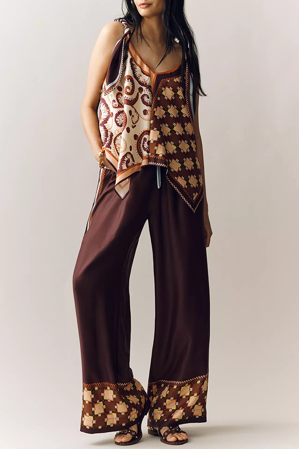 Wilson Satin Unique ColorBlock Print Scarf Top and Elastic Waist Pocket Wide Leg Pants Set-consonak