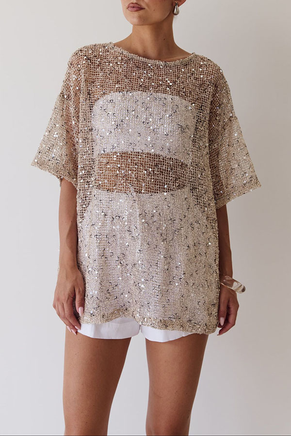 Edela Sheer Sequin Knit Fabric Short Sleeve Oversized Cover-up Tee