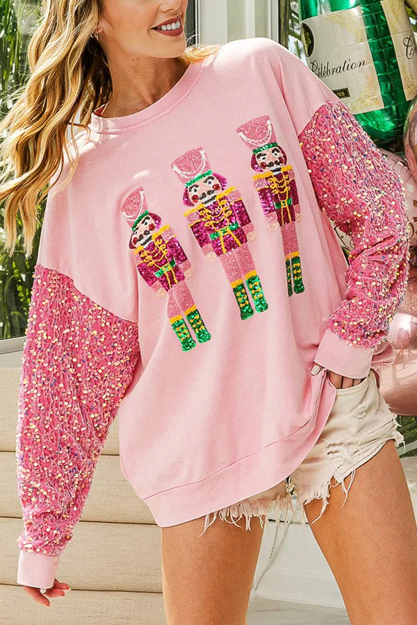 Christmas Casual Loose Round Neck Sequined Sleeve Sweatshirt-consonak
