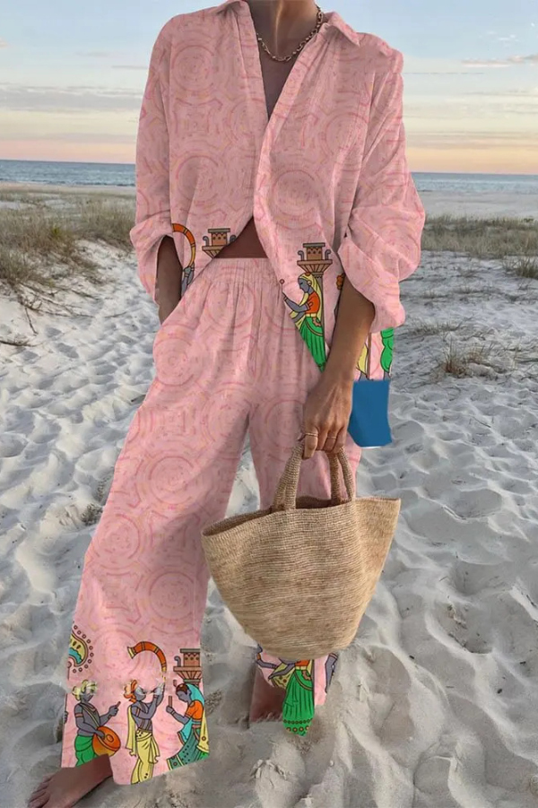 Egyptian Mural Print Oversized Shirt and Elastic Waist Pocket Pants Set