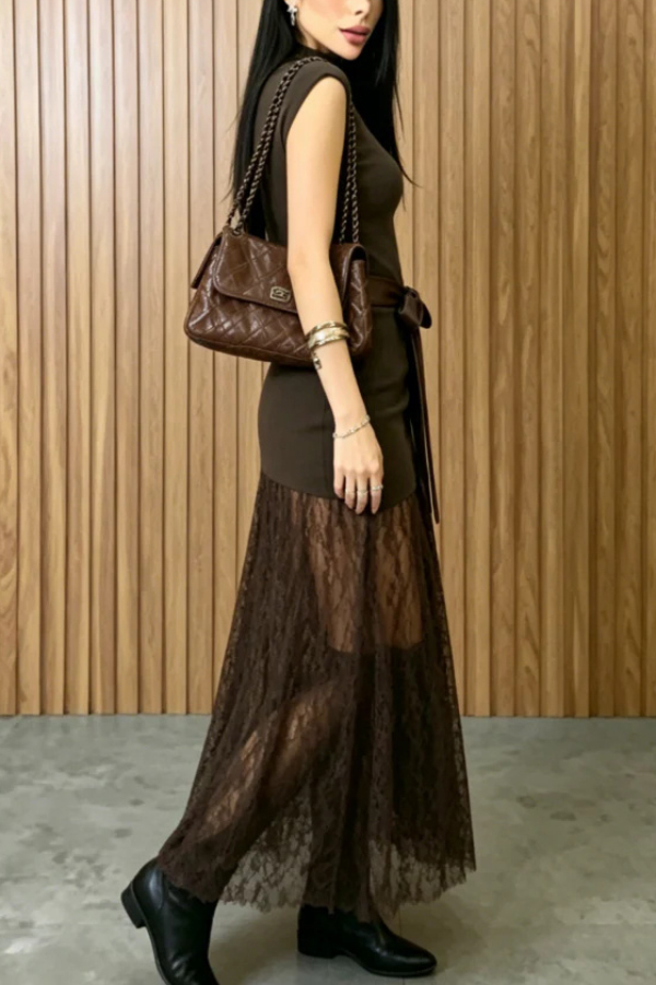 Stylish Sleeveless Spliced ​​lace Hem Elegant Slim-fit Maxi Dress