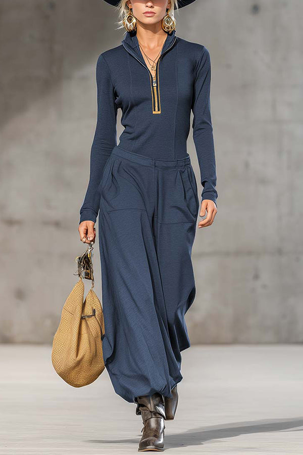 Solid Color Zip-up Long-sleeved Top and Casual Pocket Wide-leg Pants Set-consonak