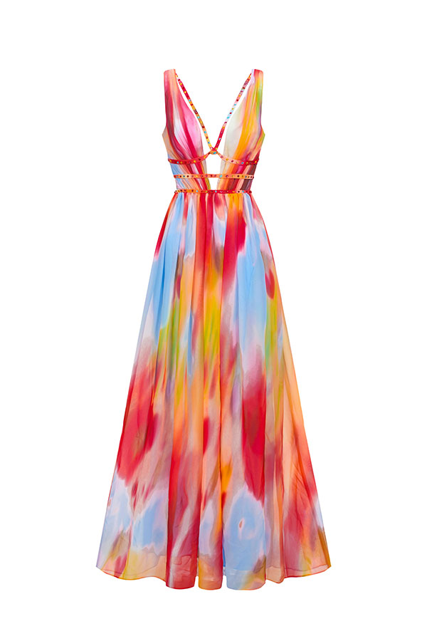 Eileen Tie-dye Print Exquisite Jewelry Ribbon Decoration Strapless Slit Maxi Dress-consonak