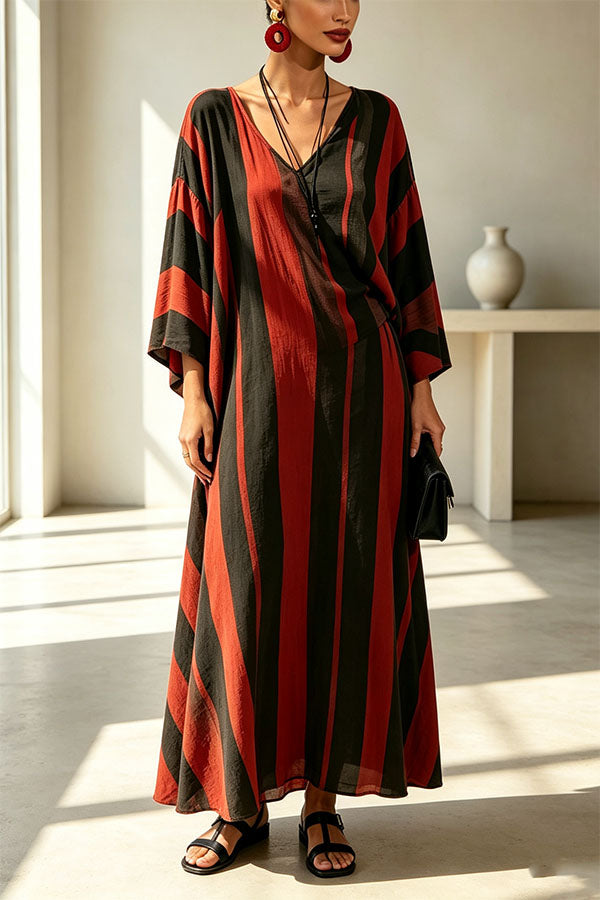 Vintage Striped Batwing Sleeve Long Set-Consonak