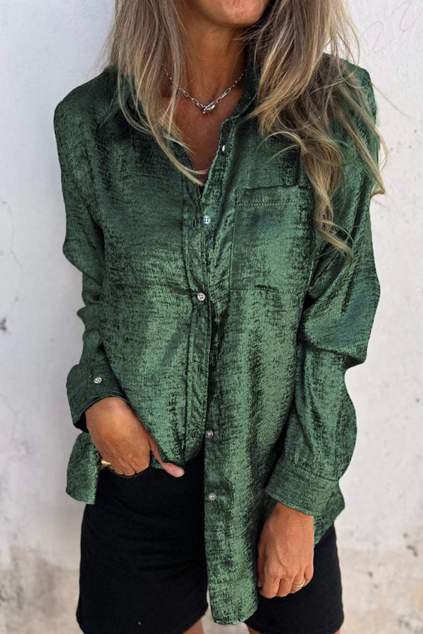 First and Fabulous Metallic Fabric Button Up Long Sleeve Loose Blouse | Consonak