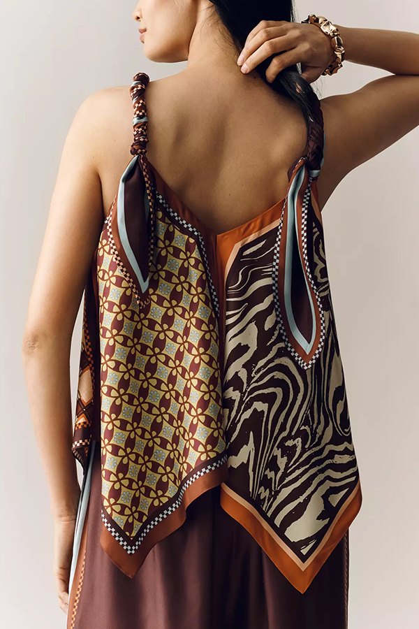 Wilson Satin Unique ColorBlock Print Scarf Top and Elastic Waist Pocket Wide Leg Pants Set-consonak