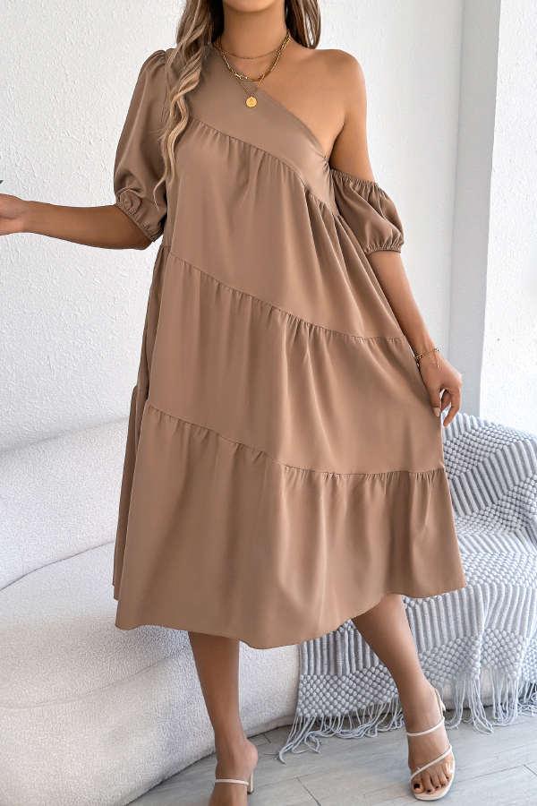 Solid Color Loose Slash Neck Short-sleeved Casual Midi Dress-consonak