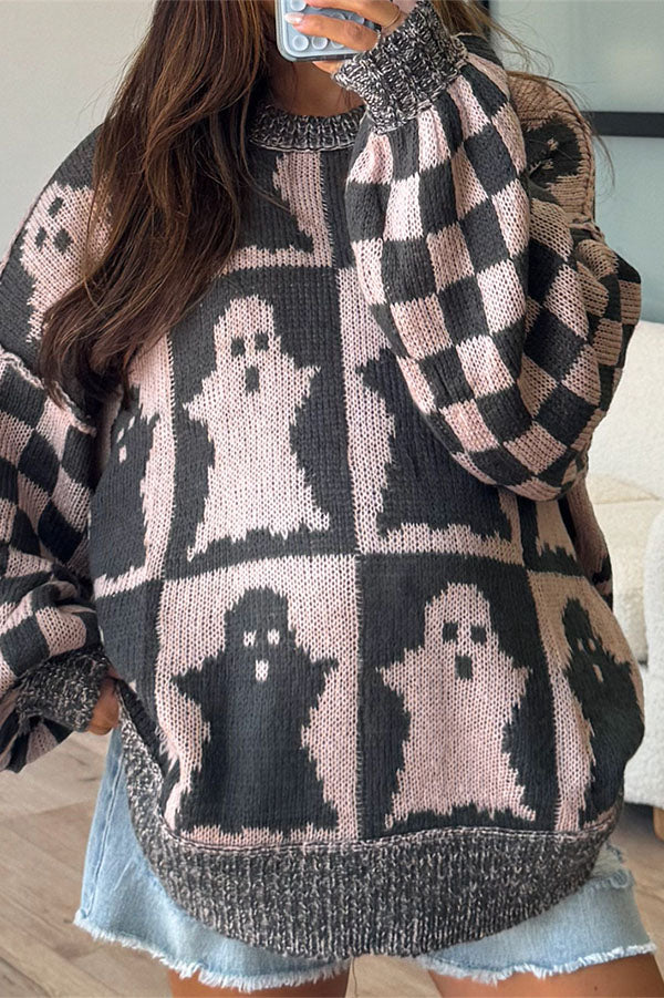Halloween Ghost & Checkerboard Oversized Knit Sweater-Consonak