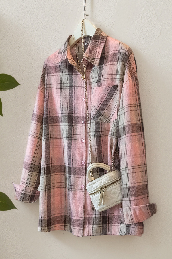 Stylish Plaid Collared Long-sleeved Pockets Casual Loose Shirt