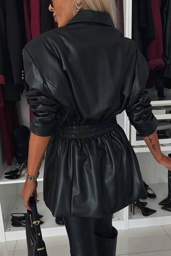 Fashionable Items Faux Leather Button Up Elastic Waistband Lapel Blazer-consonak