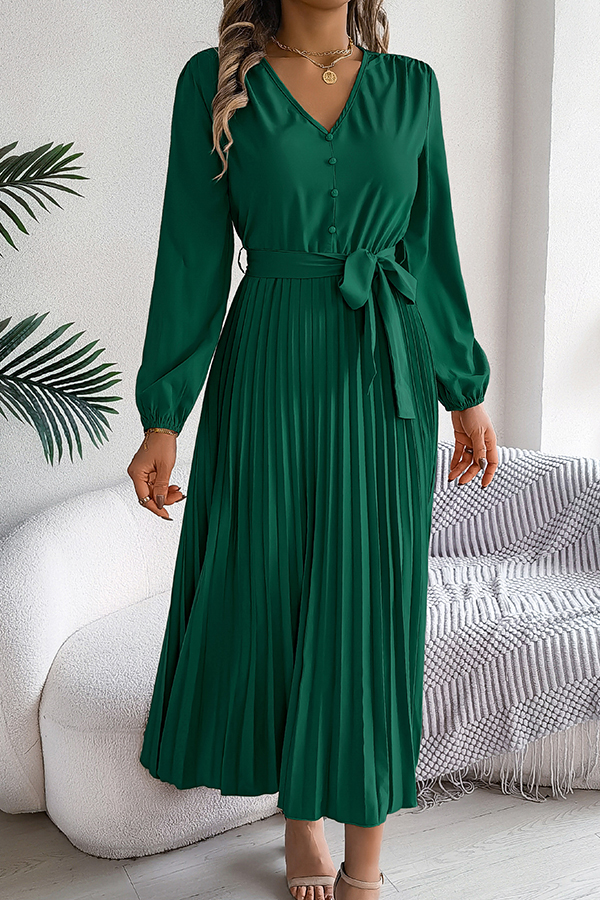 Solid Color Elegant V-neck Buttoned Lace-up Pleated Maxi Dress-consonak