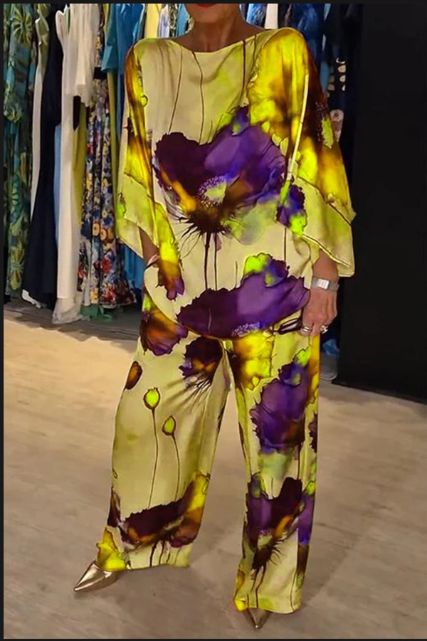 Satin Botanical Print Crew Neck Casual Top and Elastic Waist Loose Pocket Pants Set-consonak