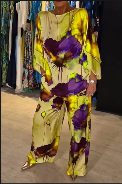 Satin Botanical Print Crew Neck Casual Top and Elastic Waist Loose Pocket Pants Set-consonak