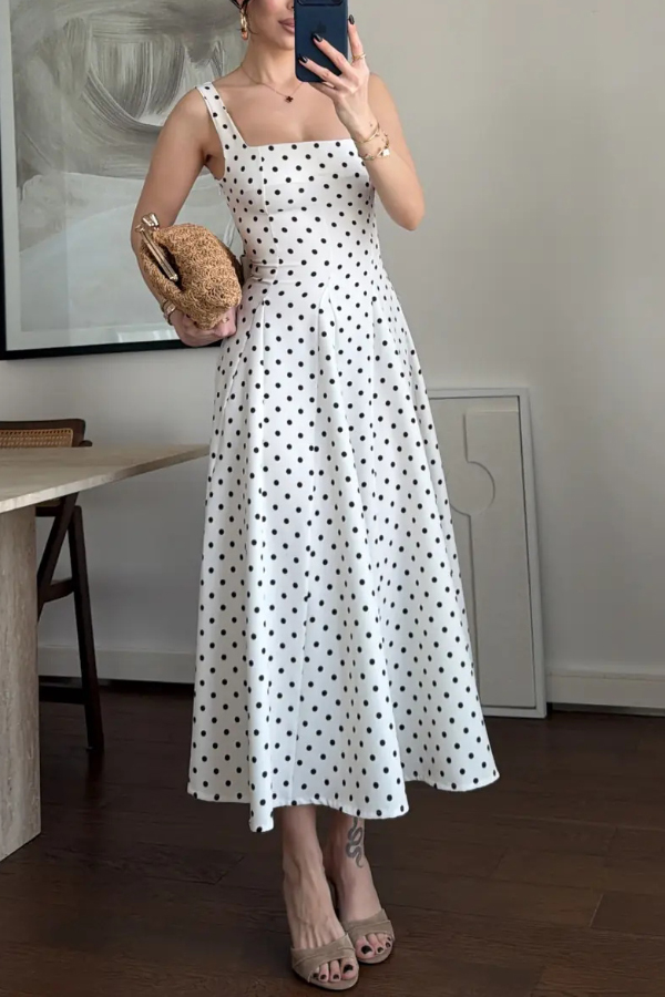 Ultimate Elegance Polka Dot Print Square Neck tie-up waist Flare midi Dress