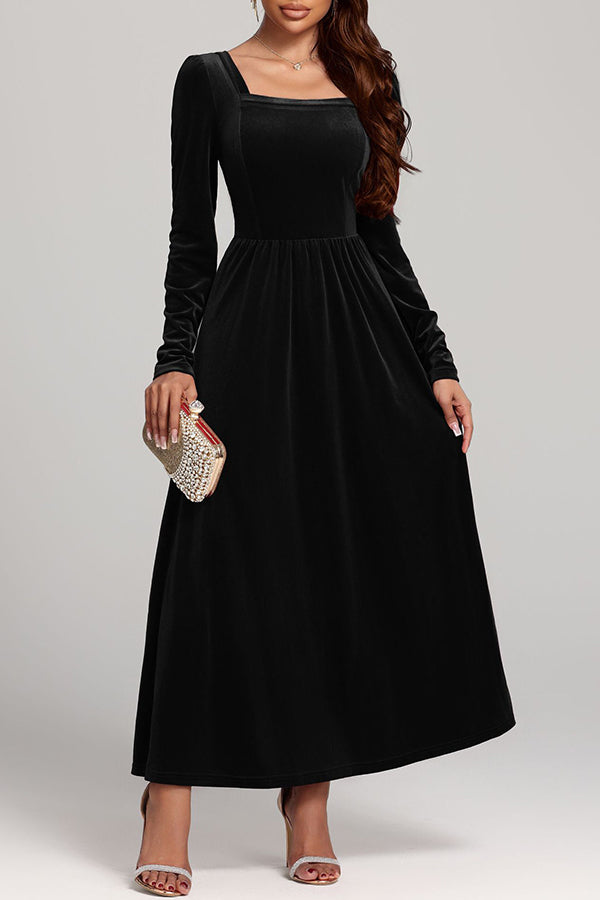 Solid Color Velvet Square Neck Long Sleeve Elegant Maxi Dress-consonak