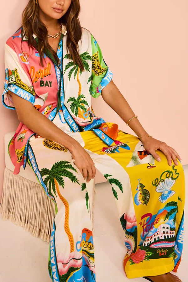 Kissed By The Sun Satin Unique Print Colorblock Button Down Oversized Blouse | Consonak