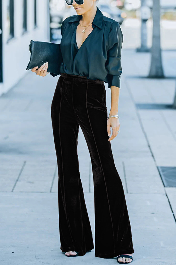 Claudia Velvet High Rise Elastic Waist Flare Stretch Pants-consonak