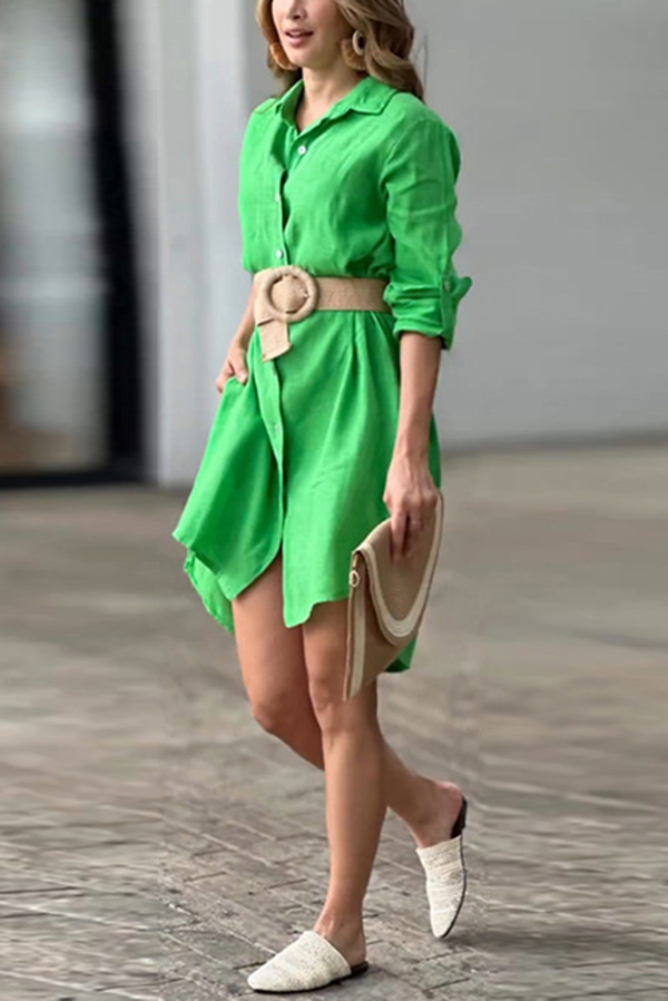 Linen Blend Solid Long Sleeve Button-Down Shirt Style Mini Dress-consonak