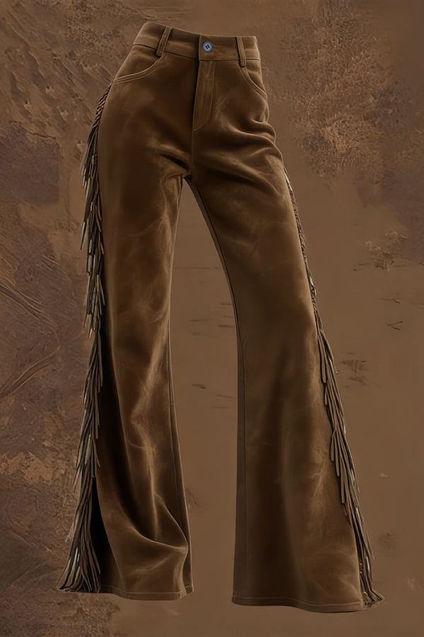 Stylish Suede High-waisted Fringed Casual Flared Pants-consonak