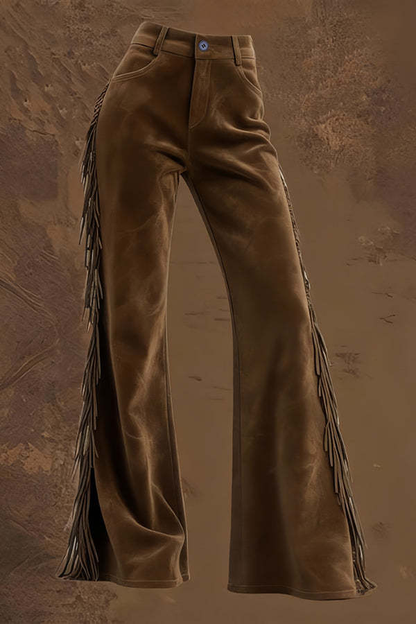 Stylish Suede High-waisted Fringed Casual Flared Pants-consonak