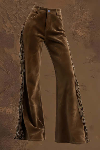 Stylish Suede High-waisted Fringed Casual Flared Pants-consonak