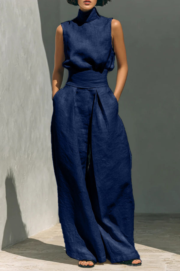 Linen Blend Solid Color Turtleneck Sleeveless Top and Casual High-waisted Elastic Waist Pocket Wide-leg Pants Set