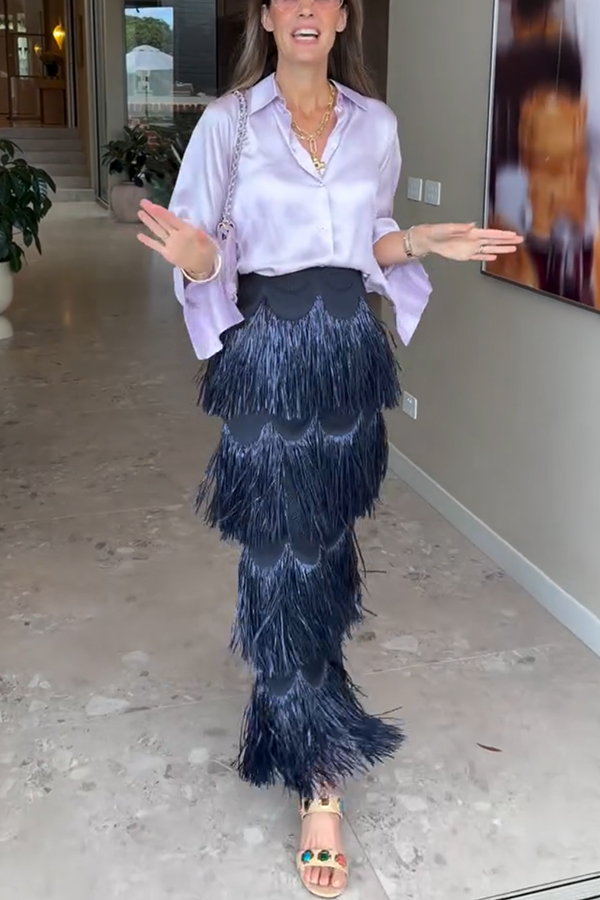 Freestyle Dance Steps Layered Tassels High Rise Back Zipper Slit Maxi Skirt-consonak