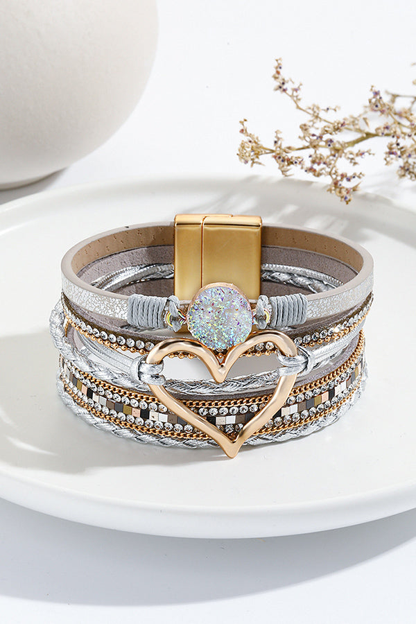 Bohemian Leather Cord Multi-layered Raw Stone Heart Bracelet | Consonak