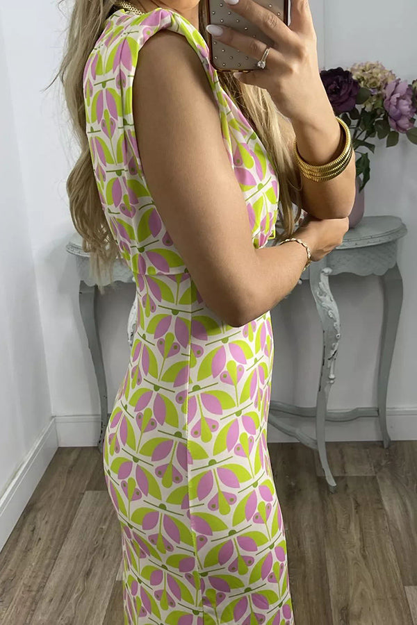 Forever Here Printed Padded Shoulder Front Center Slit Midi Dress-consonak