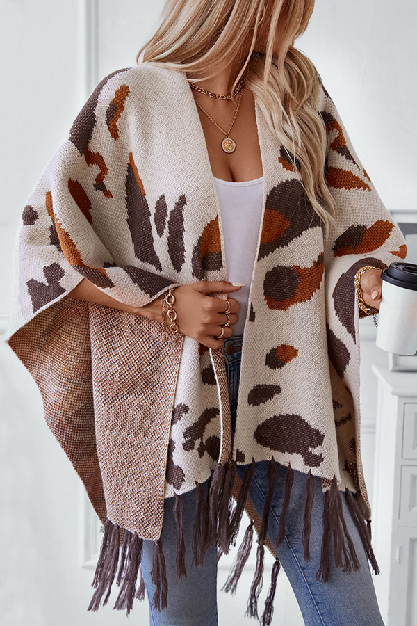 Fashionable Leopard Print Contrast Tassel Hem Loose Knitted Shawl-consonak
