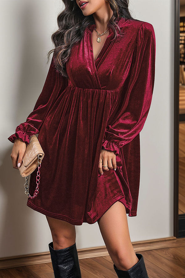 Solid Color Velvet V-Neck Long Sleeve Loose Mini Dress-consonak