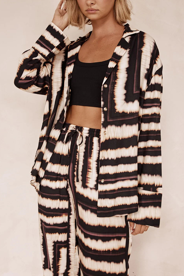 Planning Trips Satin Tie Dye Unique Print Button Down Oversized Blouse-consonak