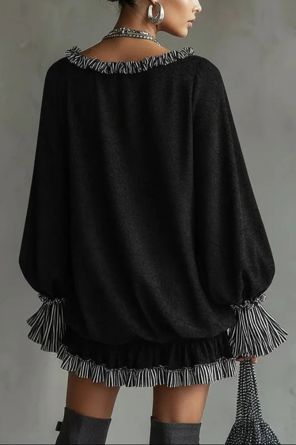 Fashionable Patchwork Ruffled Loose Long-sleeved Casual Mini Dress | Consonak
