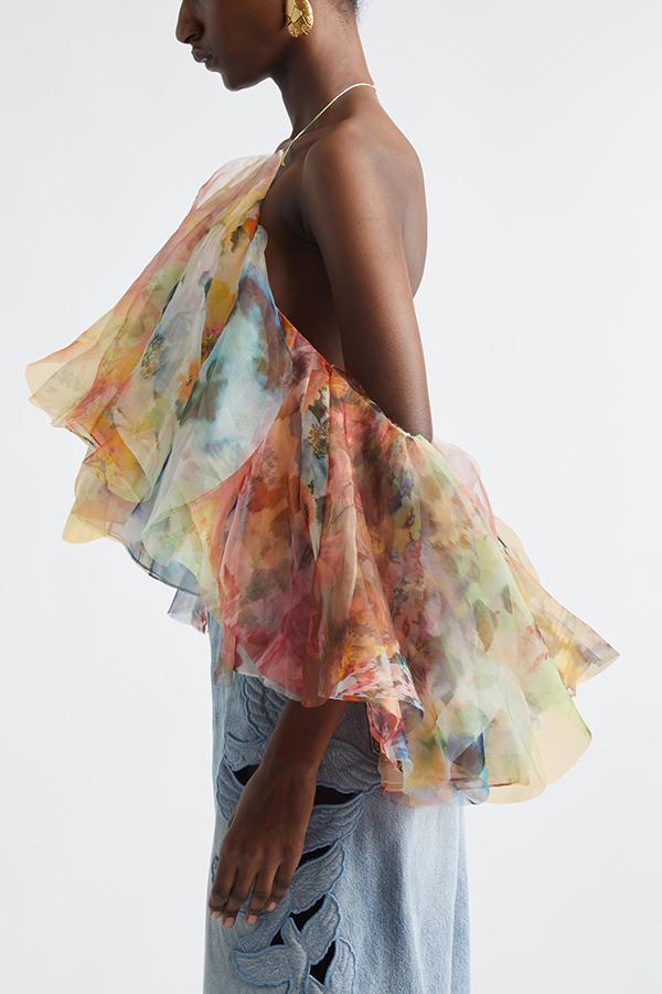 Dreamy Piece Floral Rendered Print Layered Ruffles Fanned Halter Top
