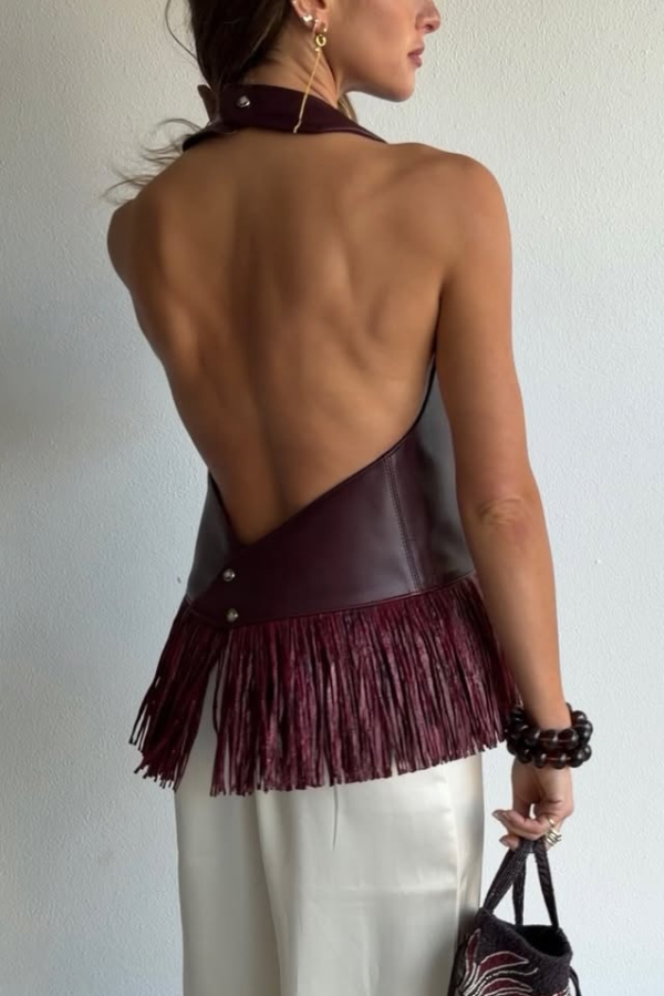 Stylish Halter Neck Sleeveless Leather Tassel Loose Top