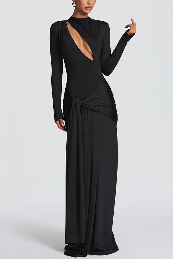 Sexy Cutout Fitted Long-sleeved Pleated Satin Ribbon Maxi Dresses-consonak