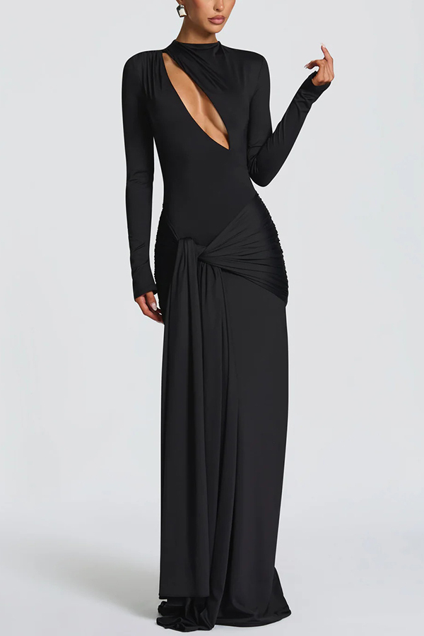 Sexy Cutout Fitted Long-sleeved Pleated Satin Ribbon Maxi Dresses-consonak