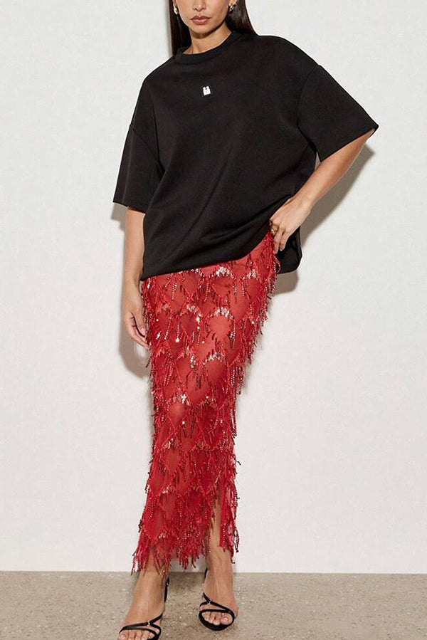 Fashionable Mesh See-through Sequined Tassel Midi Skirt