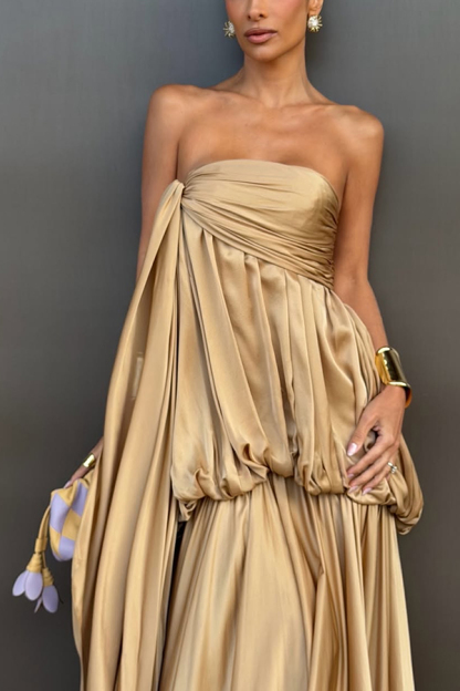 Flowing Fantasy Satin Pleated Bubble Design Strapless Drape Maxi Dress-consonak