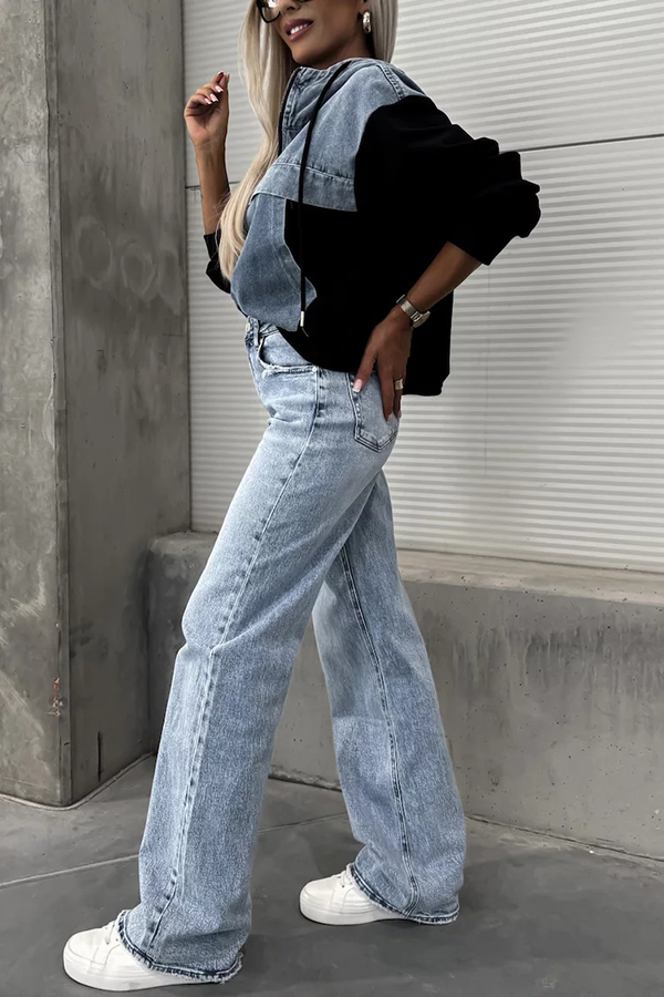 All The Time Denim Patchwork Soft Fabric Kangaroo Pocket Loose Hoodie-consonak