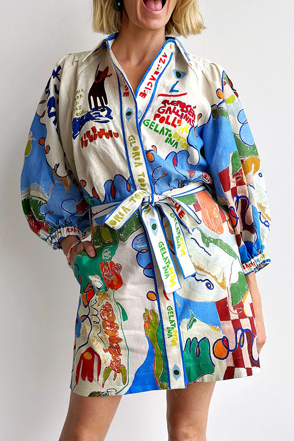 Phebe Linen Blend Unique Print Pocket Waist Tie Mini Dress-consonak