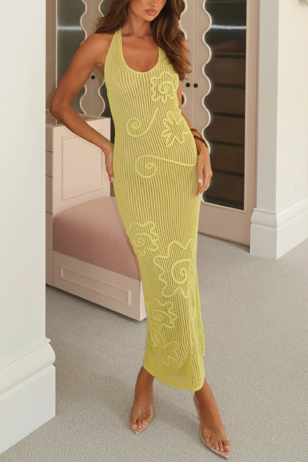 Solid Color Openwork Knit Backless Slim Fit Vacation Cover-up Maxi Dress-consonak