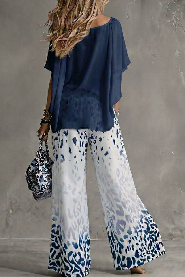 Safari Glam Draped Blouse & Ombre Leopard Wide-Leg Trousers Set-Consonak