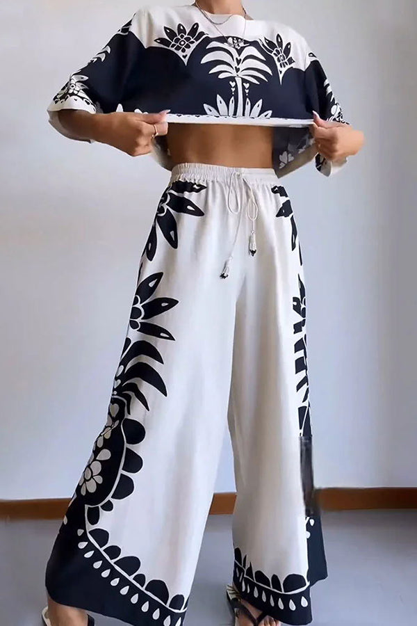 Exotic Holiday Ethnic Print Loose Top and Elastic Waist Wide Leg Pants Set-consonak