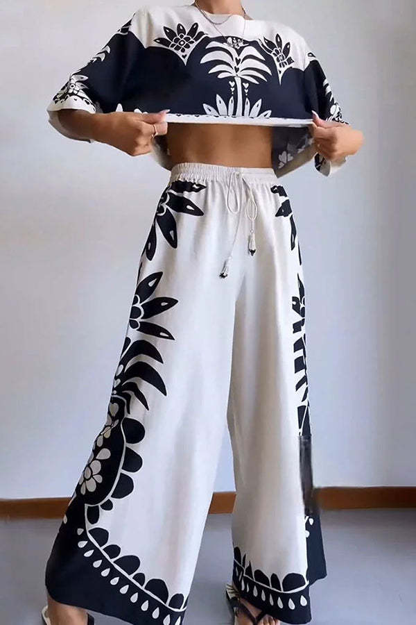Exotic Holiday Ethnic Print Loose Top and Elastic Waist Wide Leg Pants Set-consonak