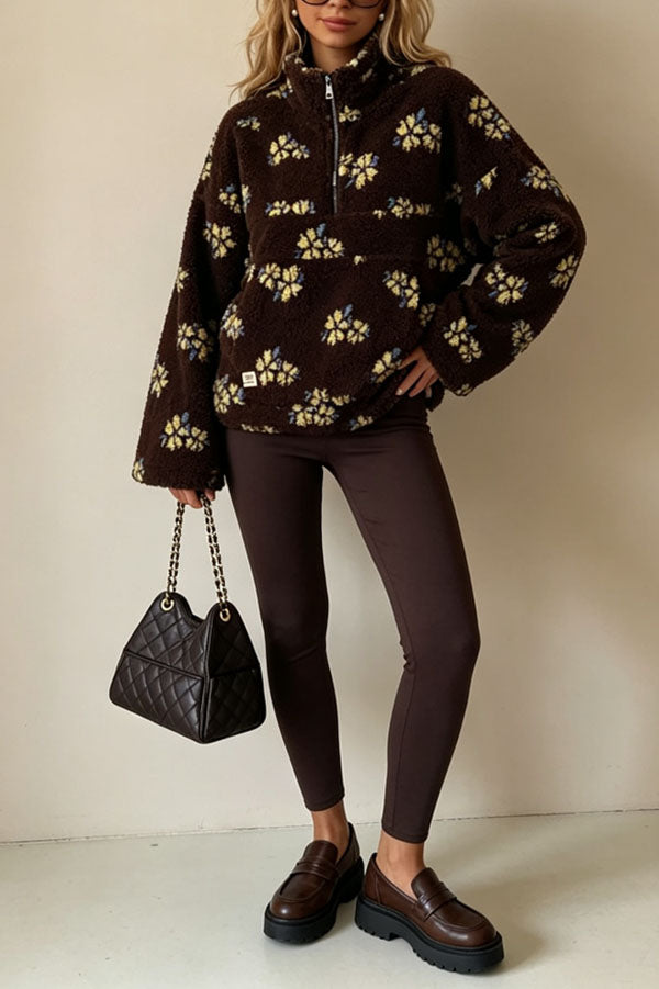 Colorblock Floral Pattern Teddy Bear Fleece Material Long Sleeve Kangaroo Pocket Zipper Sweatshirt-Consonak
