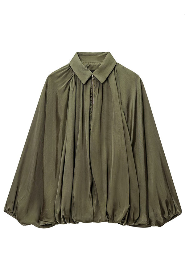 Fashion Lapel Loose Puff Long Sleeve Casual Zipper Jacket-consonak