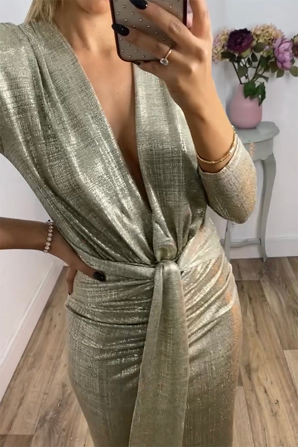 Shiny Lady Metallic Fabric Padded Long Sleeve Tie-up Ruched Midi Dress-consonak