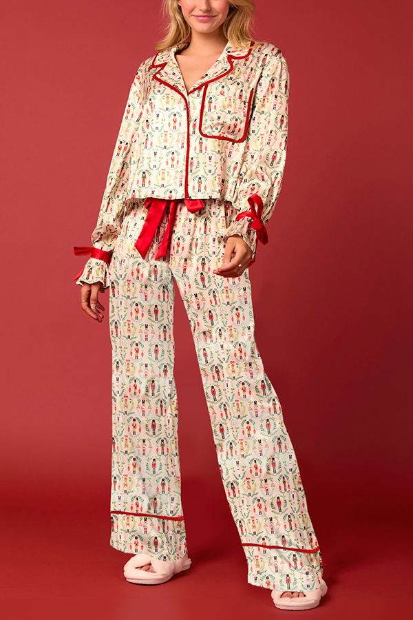 Christmas Printed Velvet Lace-up Long-sleeve Pocket Top and Elastic Waist Wide-leg Pants Set-consonak